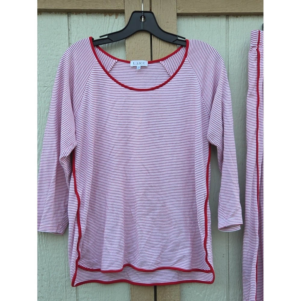 The LAKE Pima Cotton Crew Long Sleeve Set Red Striped Ecocore Pajama Lounge - Picture 2 of 7